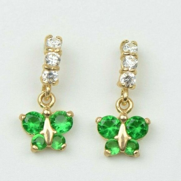 Solid 14K Yellow Gold Lab Created CZ Birthstone Butterfly Dangle Earrings - Picture 6 of 13